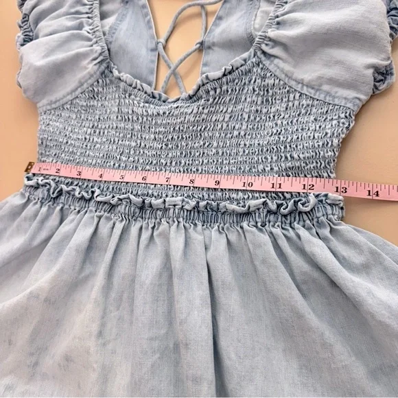 Free People Daphne Denim Babydoll Mini Dress Lace Up Back Size XS - Picture 7 of 13